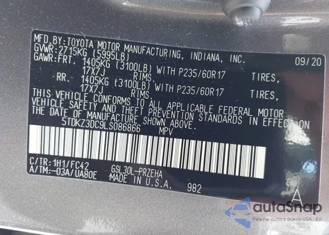 2020 Toyota Sienna Le из США, поврежденный, VIN 5TDKZ3DC9LS086866